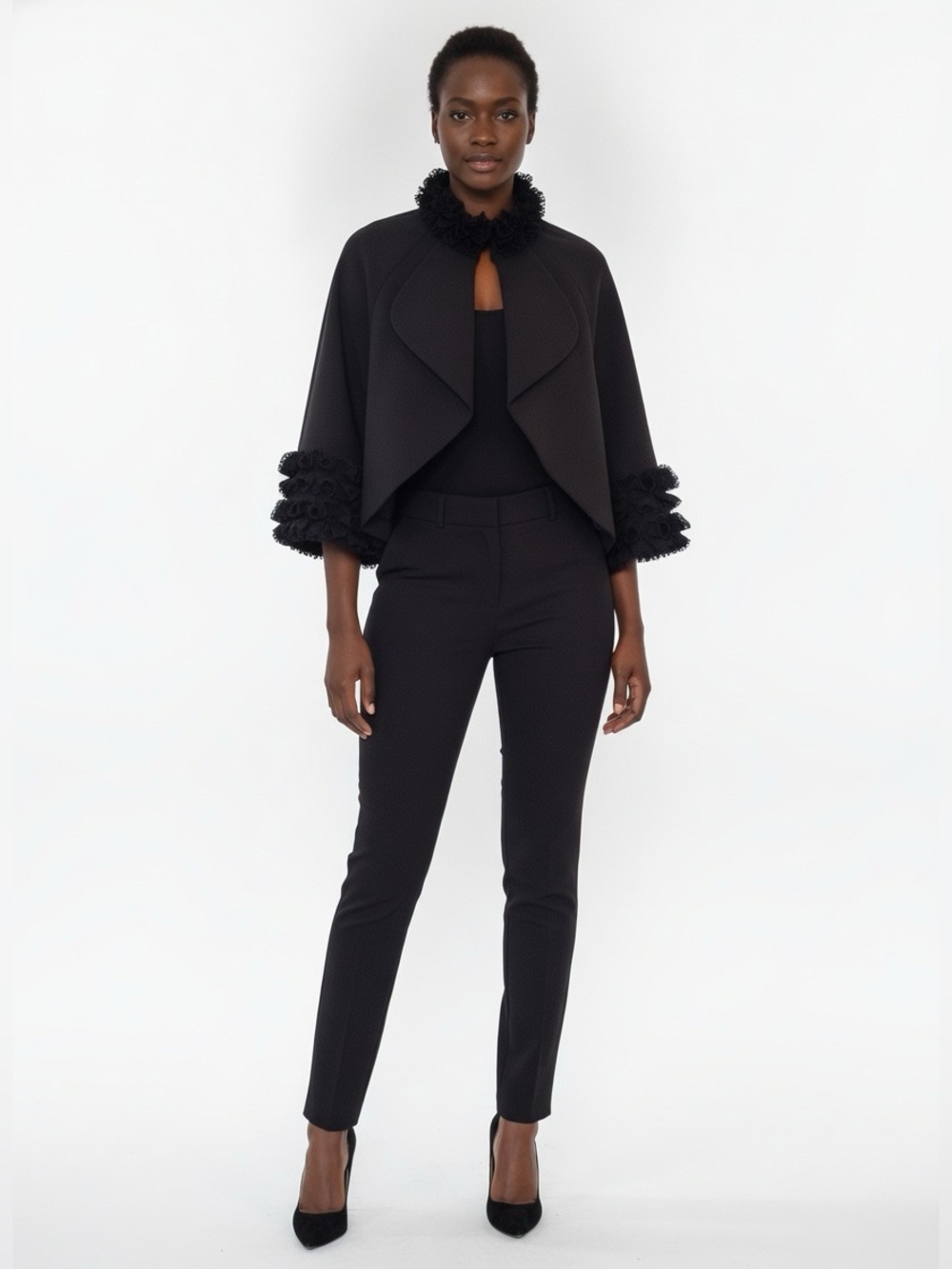 Beulah Style Black Ruffle Lace Trim Bolero Cape Jacket Size L